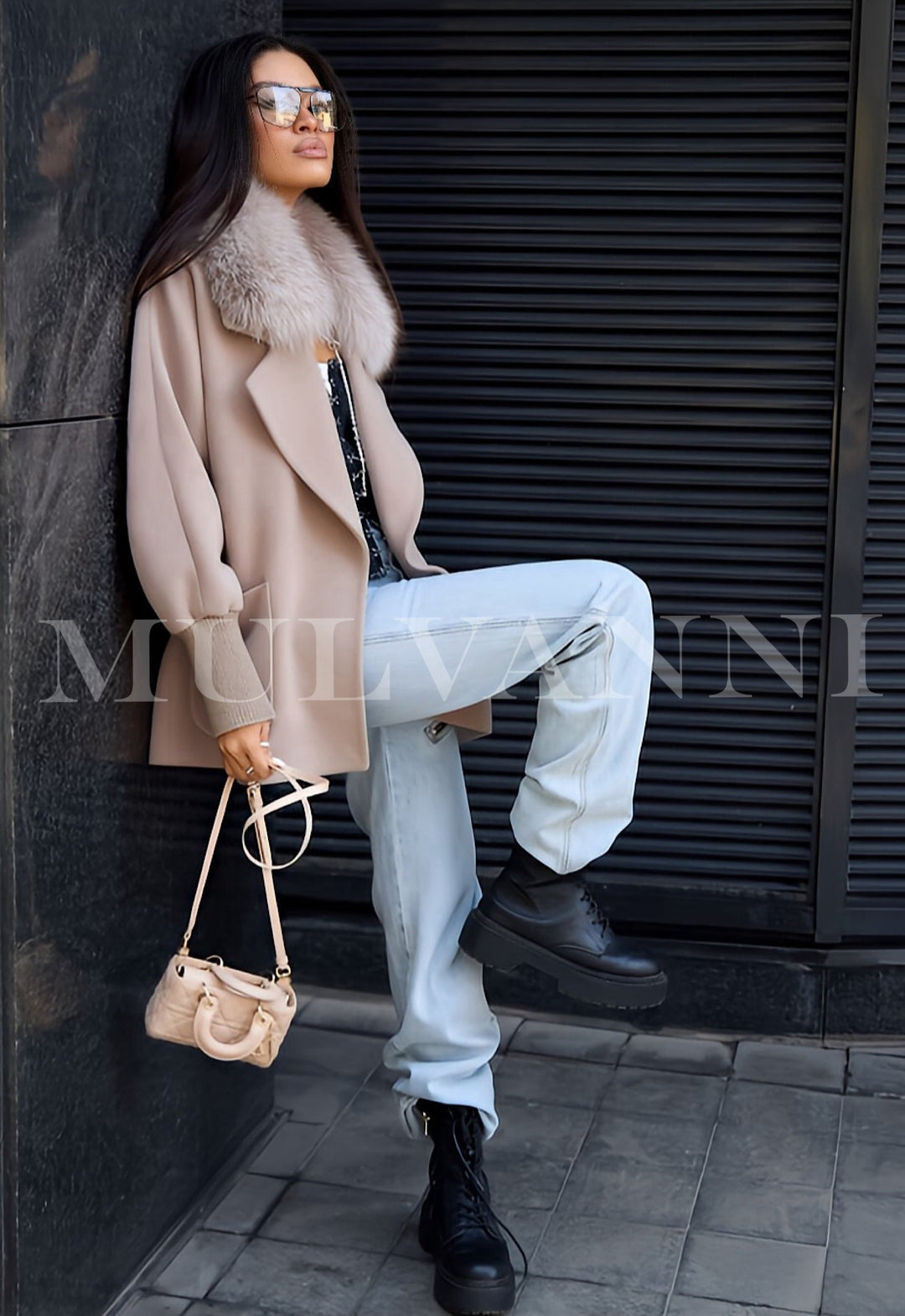 Limited Edition Beige Cashmere Coat with Detachable Fox Fur Collar, luxury coat modeled with stylish casual outfit. Designed in Italy.